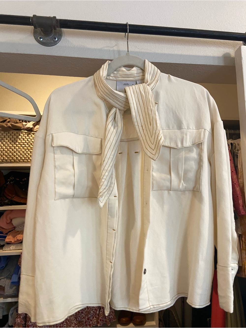 Urban Outfitters Cream Button-Front Shirt Jacket with Scarf Tie
